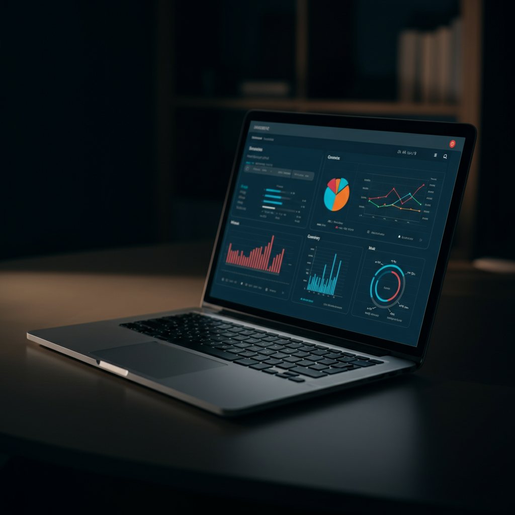A laptop screen displaying social media analytics dashboards. The room is dimly lit, with a soft glow emanating from the screen. Various charts and graphs illustrate engagement metrics.