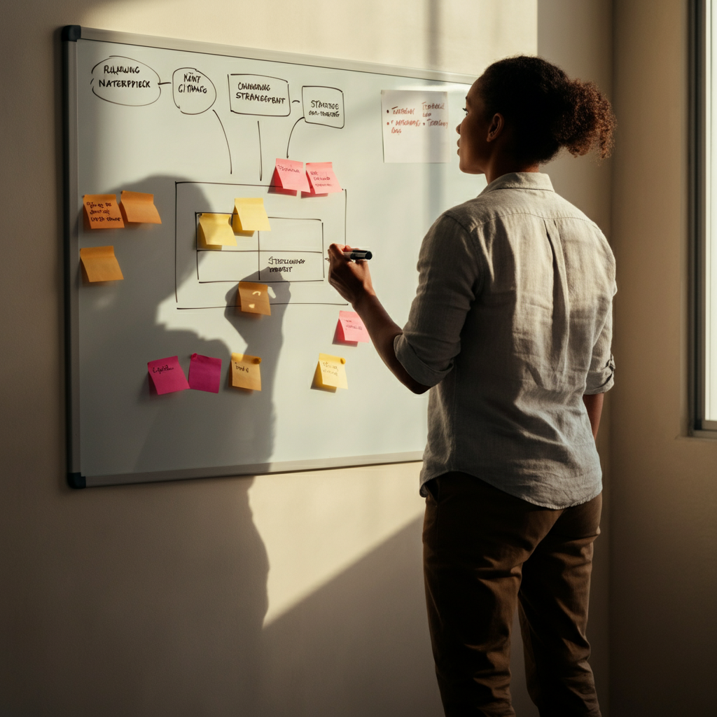 A whiteboard covered in sticky notes and diagrams, with a person standing in front of it, pen in hand, seemingly in the midst of strategizing. Natural light streams in from a window, illuminating the scene.