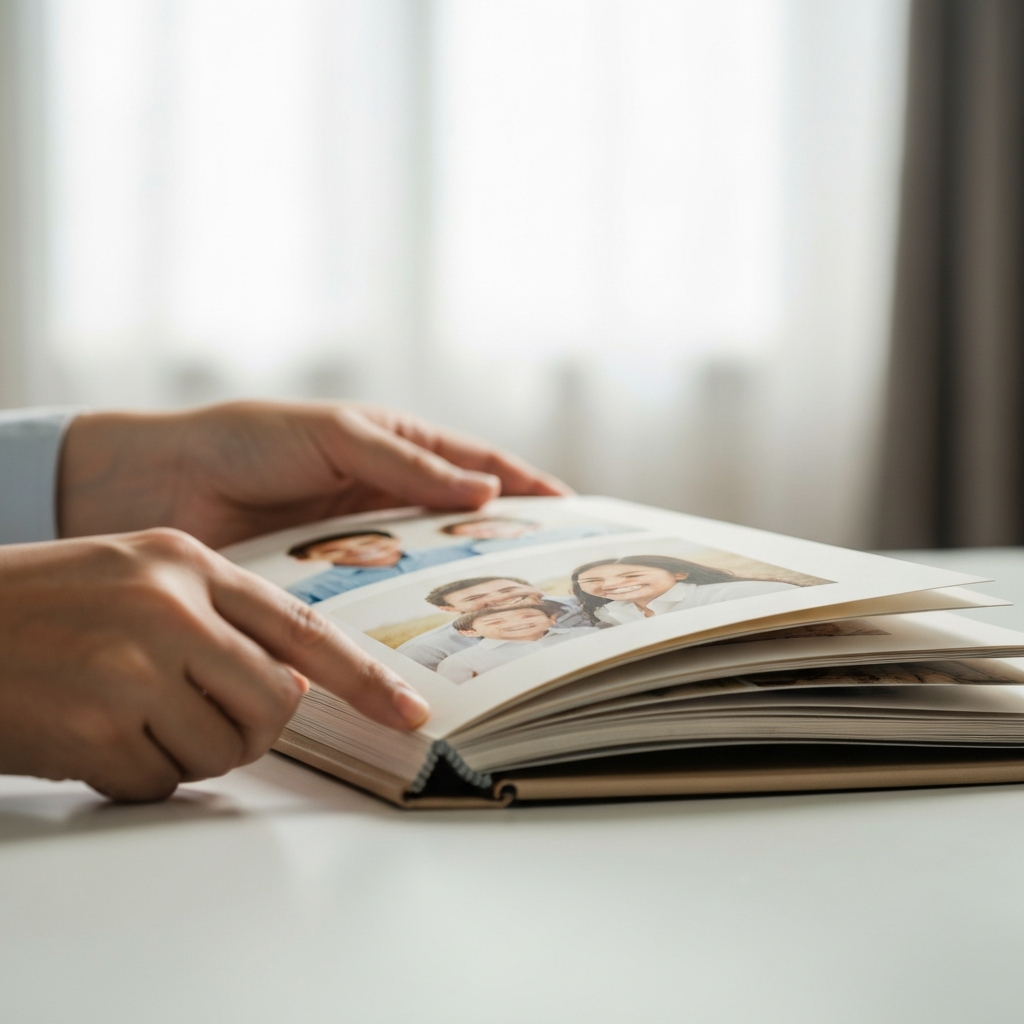 Close-up shot of hands flipping through a physical photo album with soft, diffused natural light and gentle bokeh in the background. The album is open to a page featuring vintage-style, color-corrected photos of smiling family members.