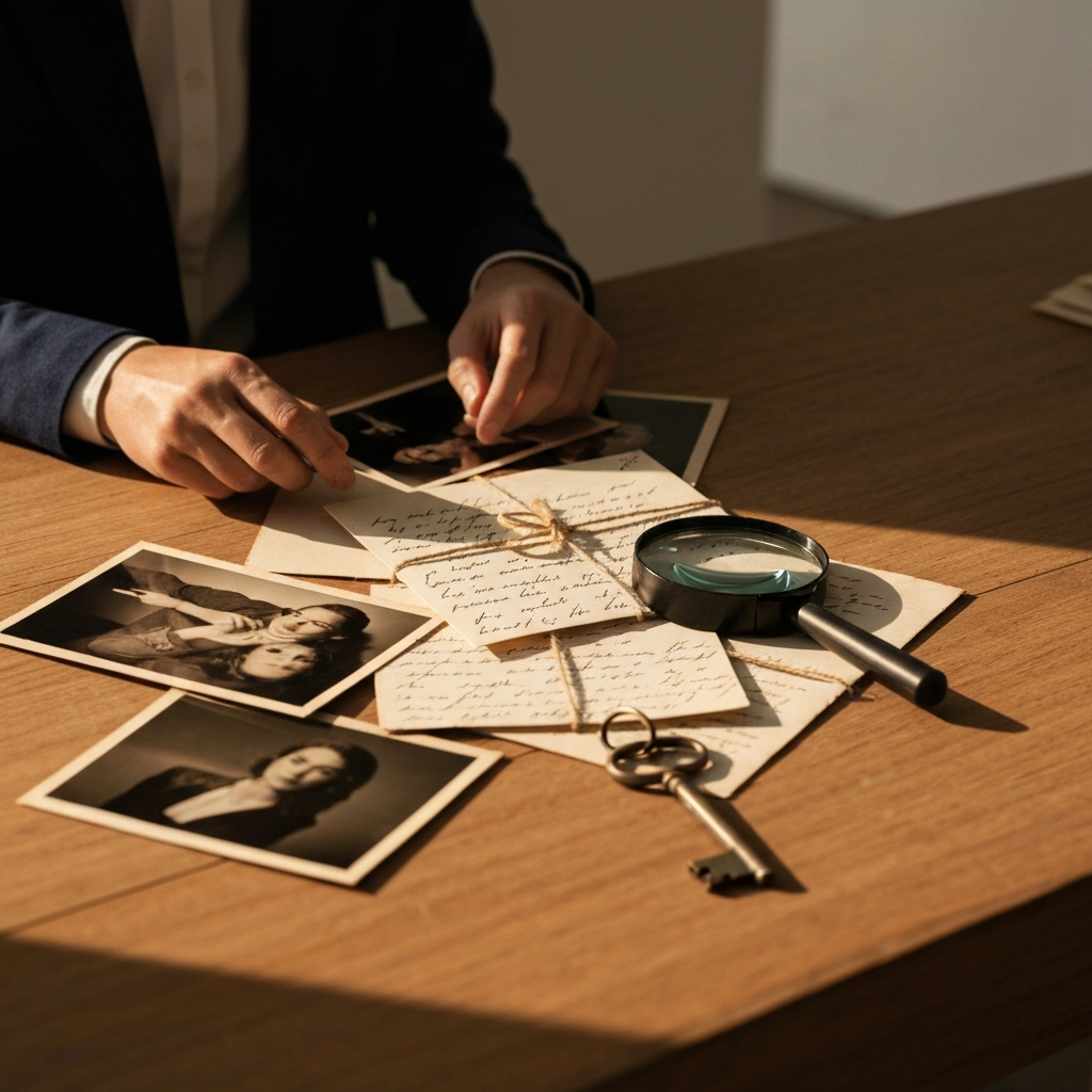 Warm, golden hour lighting illuminating a wooden table cluttered with vintage photographs, handwritten letters tied with twine, and antique keys. A magnifying glass rests casually on top of the pile.
