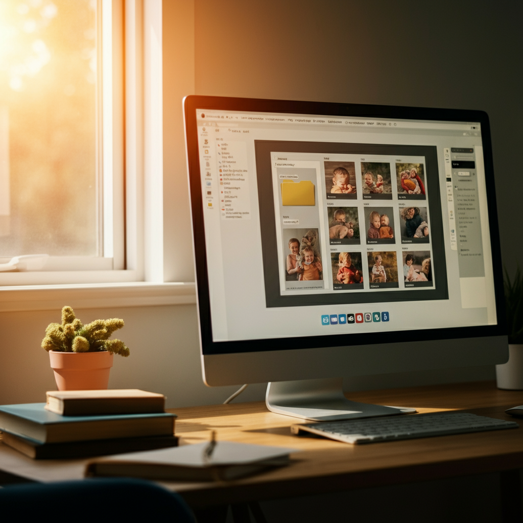 A well-organized home office with a large monitor displaying a clearly labeled folder structure of digital family photos and videos. Sunlight streams through the window, casting a soft glow on the room.