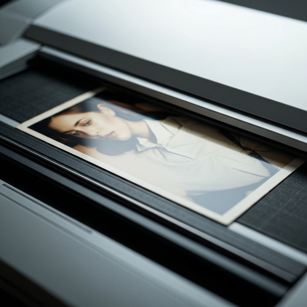 A close-up shot of a flatbed scanner with a vintage photograph being scanned. Soft, diffused lighting highlights the texture of the photo and the scanner's glass surface.