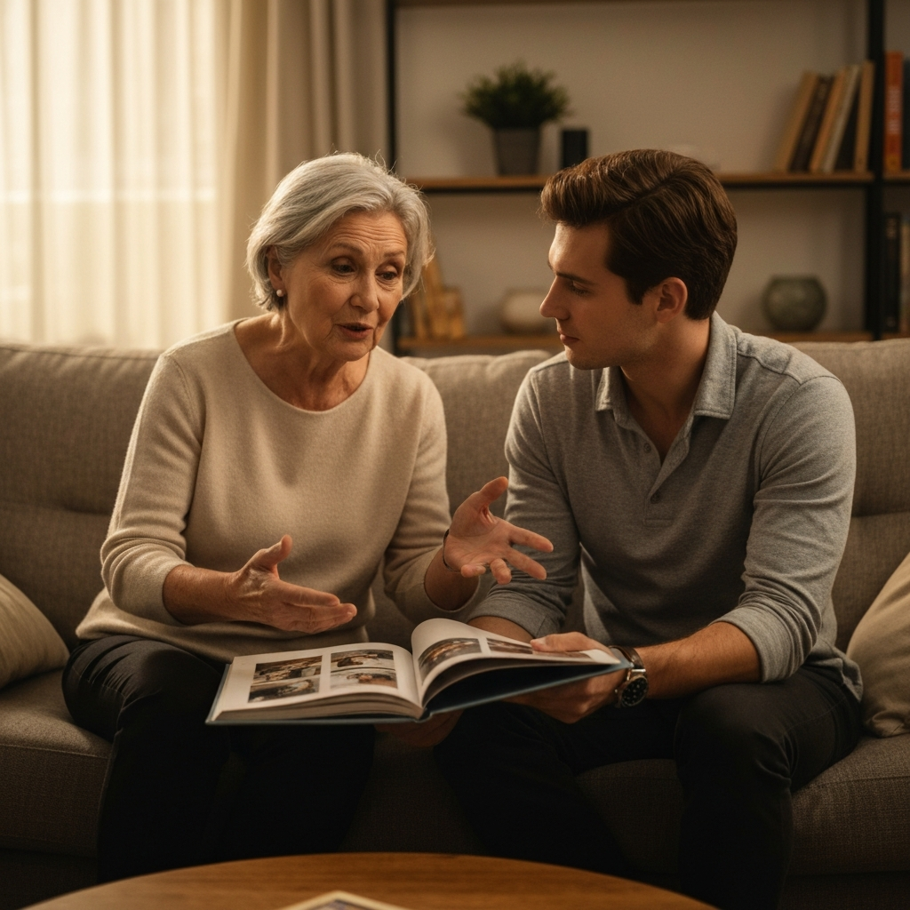 A cozy living room with soft, warm lighting. Two family members, an older woman and a younger man, are sitting on a sofa, looking at a photo album together. The woman is gesturing and telling a story, while the man listens attentively.