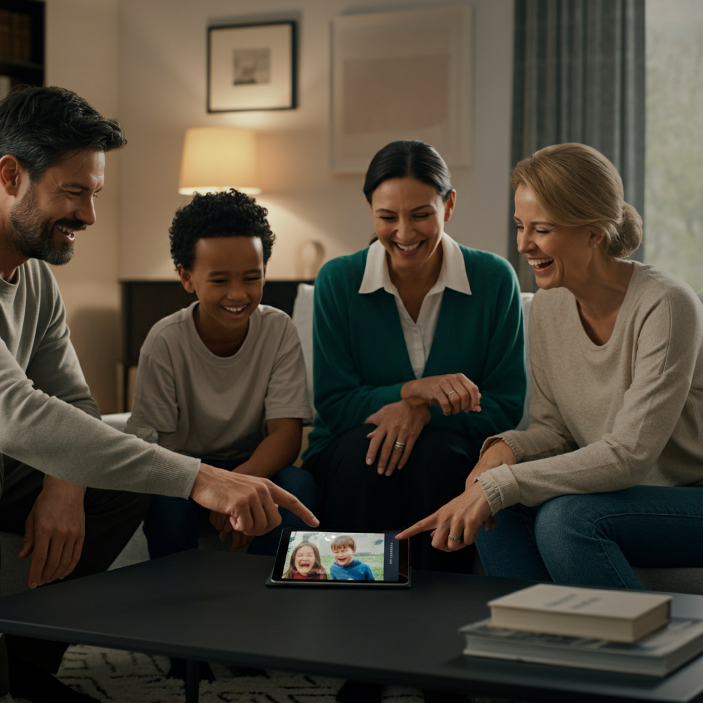 A family gathered around a coffee table in a brightly lit living room. They are laughing and pointing at a tablet displaying a slideshow of family photos and videos. The scene evokes a sense of joy and connection.