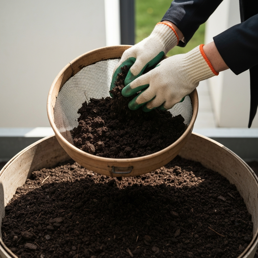 Close-up shot of dark, rich compost being sifted through a garden sieve. Hands wearing gardening gloves are visible. The light is slightly overhead, highlighting the texture and color of the compost.