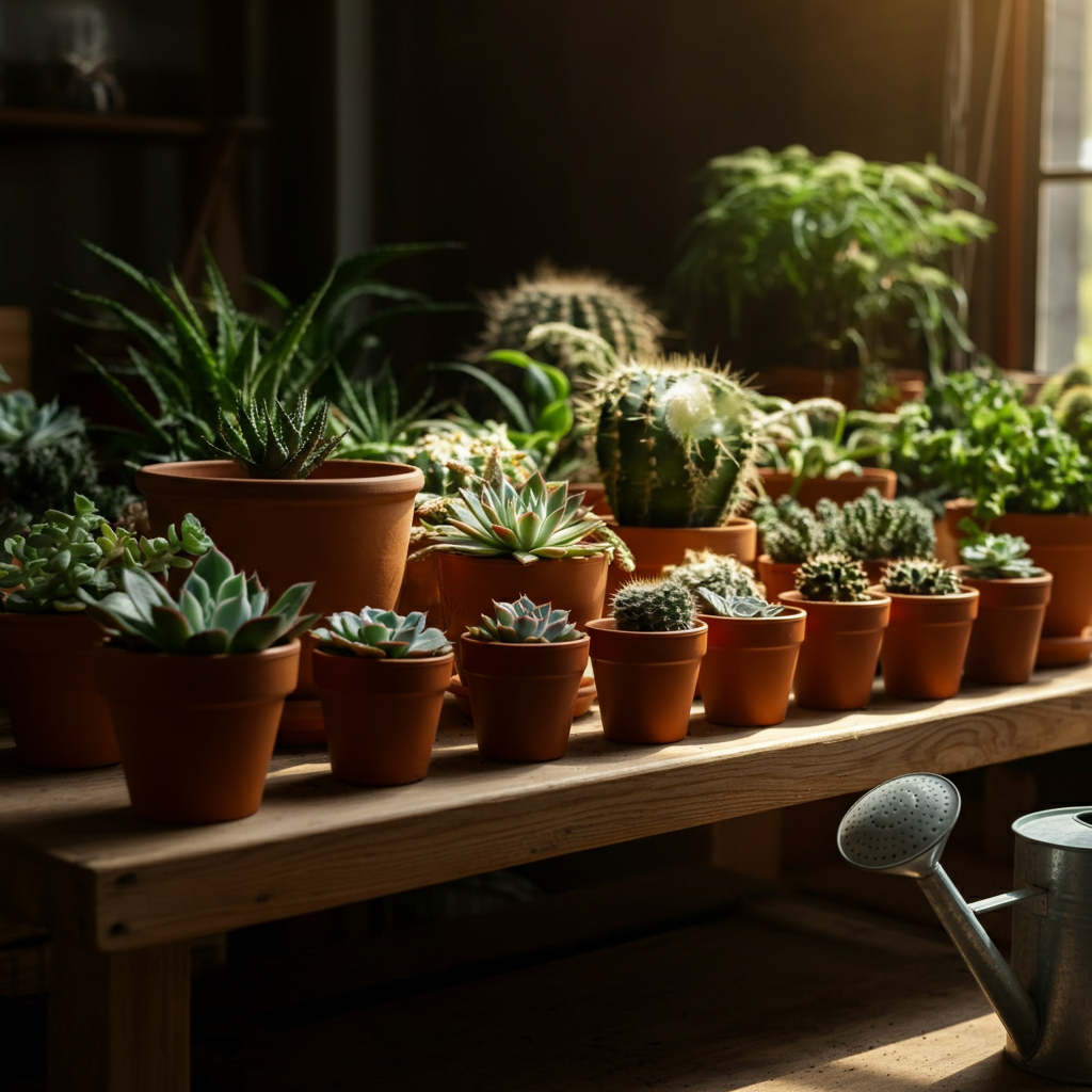 A nursery setting. A selection of potted succulents are arranged on a wooden display table. Sunlight streams in, creating a warm glow, highlighting the varied textures and colors of the succulents. A watering can sits beside the plants.