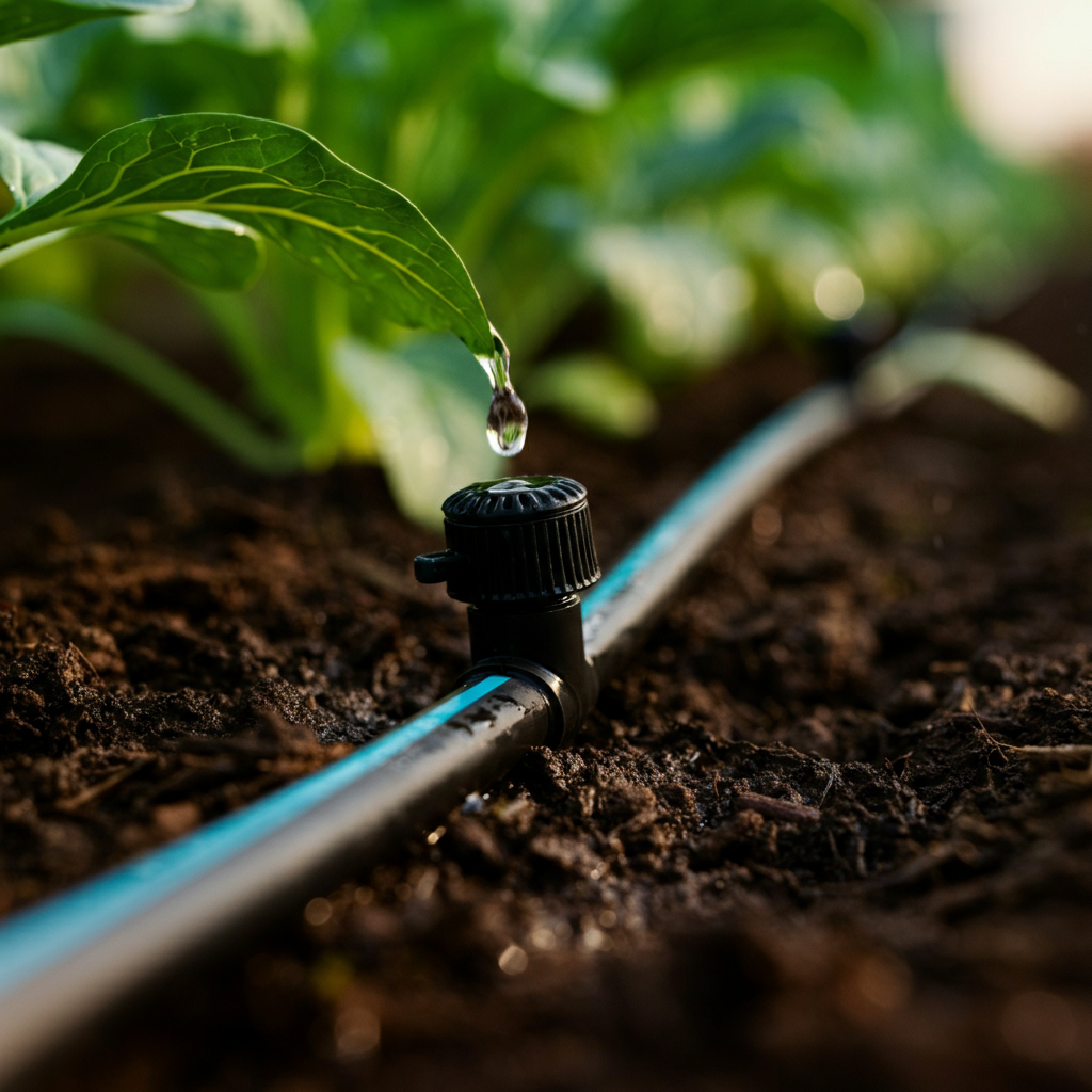 A close-up shot of a drip irrigation system running through a vegetable garden. Focus is on the emitters releasing water, with lush green foliage blurred in the background. Soft bokeh effect for a professional finish.