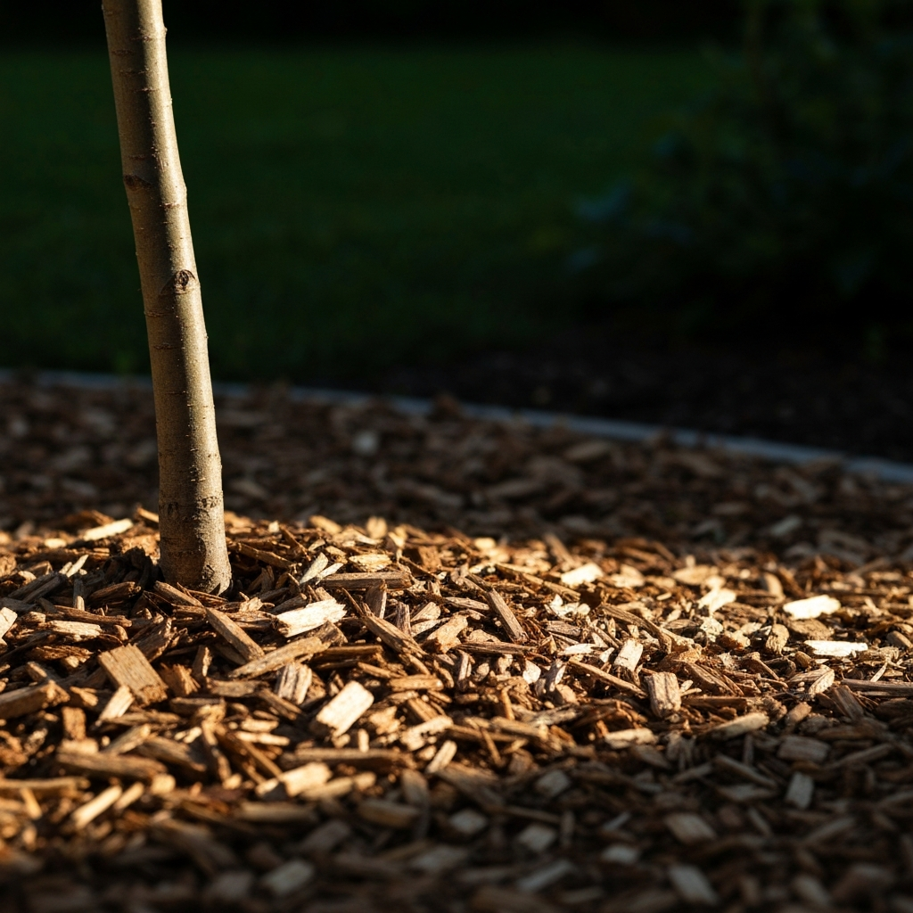 Side-lit shot of wood chips spread around the base of a young tree in a garden. Texture of the wood chips is emphasized, with soft shadows adding depth. The tree trunk is slightly blurred, drawing focus to the mulch.