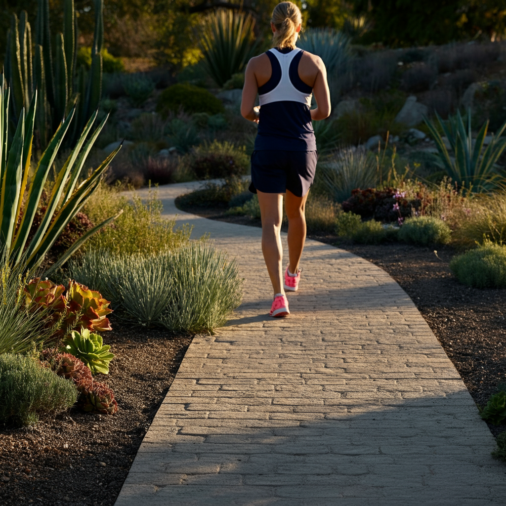 A winding path made of permeable pavers meanders through a drought-resistant garden. The path is side-lit, emphasizing the texture and pattern of the pavers. Various succulents and ornamental grasses line the path.