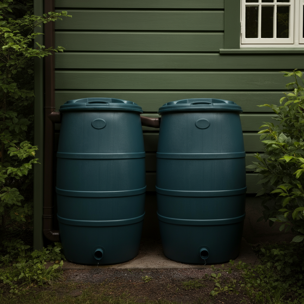 Two rain barrels connected to a downspout, placed against the backdrop of a house with green siding. Lush green foliage is visible nearby. The lighting is even and natural.