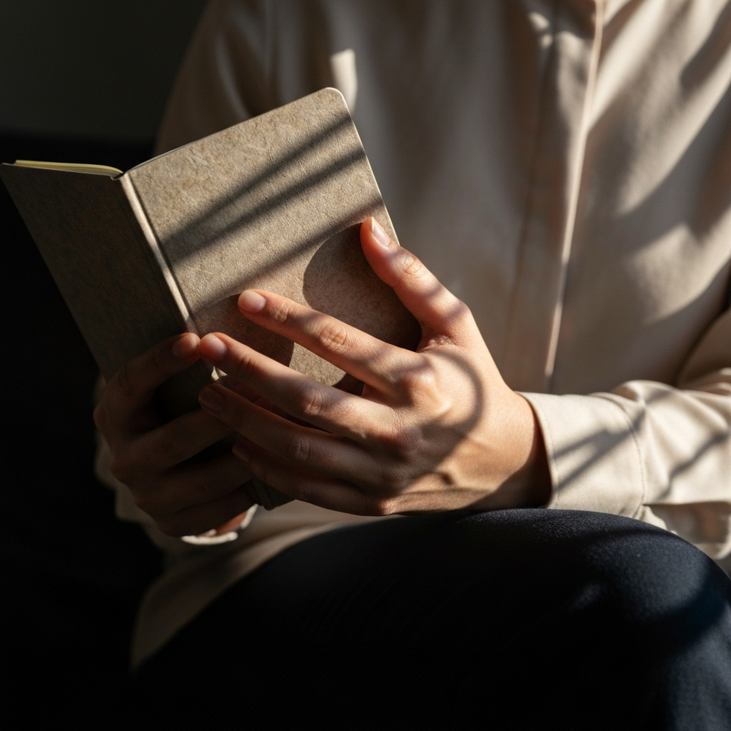 Close-up of hands gently holding a textured journal, soft daylight filtering through a window casting subtle shadows.