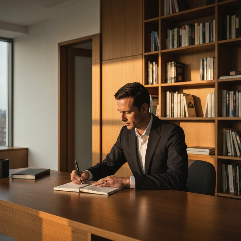A person sitting at a wooden desk, bathed in warm golden hour lighting, thoughtfully writing in a notebook with a pen. Bookshelves line the wall behind them.