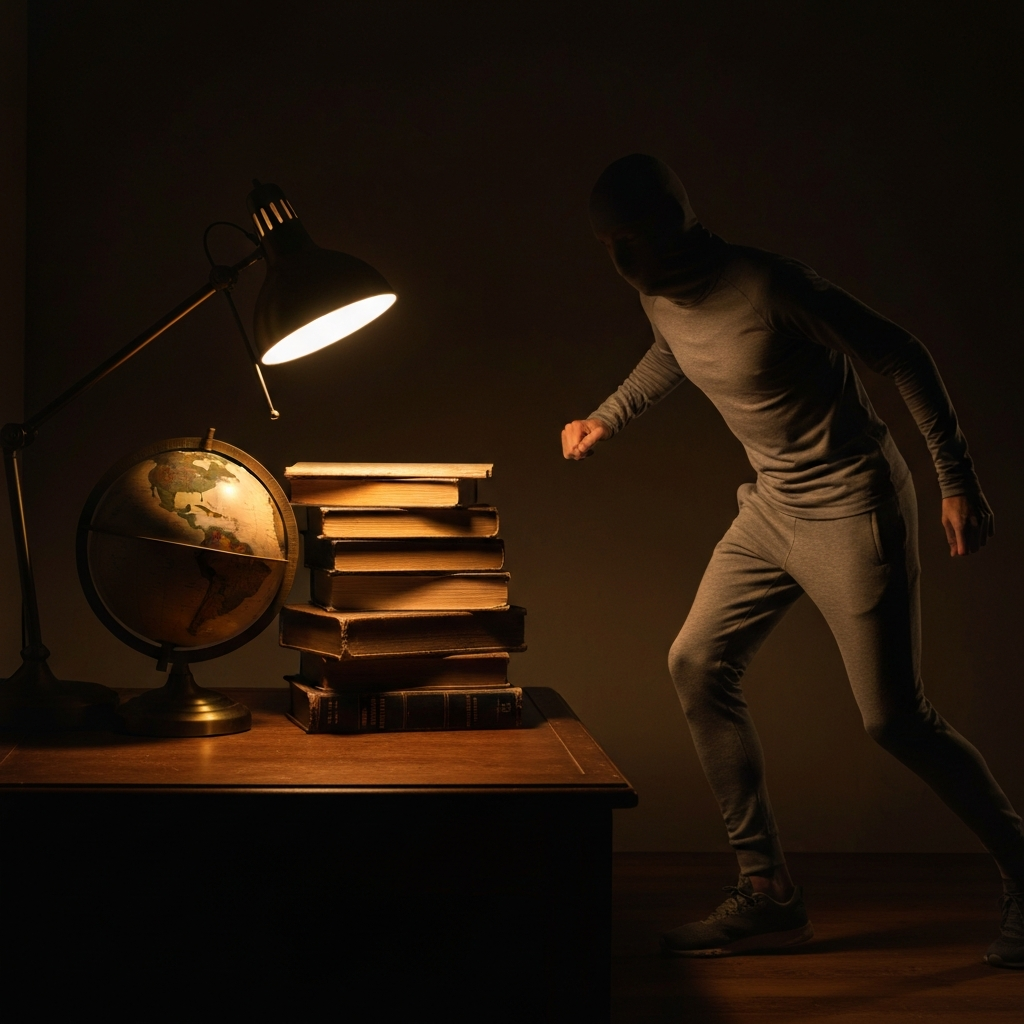 A dimly lit study, the soft glow of a desk lamp illuminating a stack of well-worn philosophy books. An antique globe sits nearby, partially in shadow.