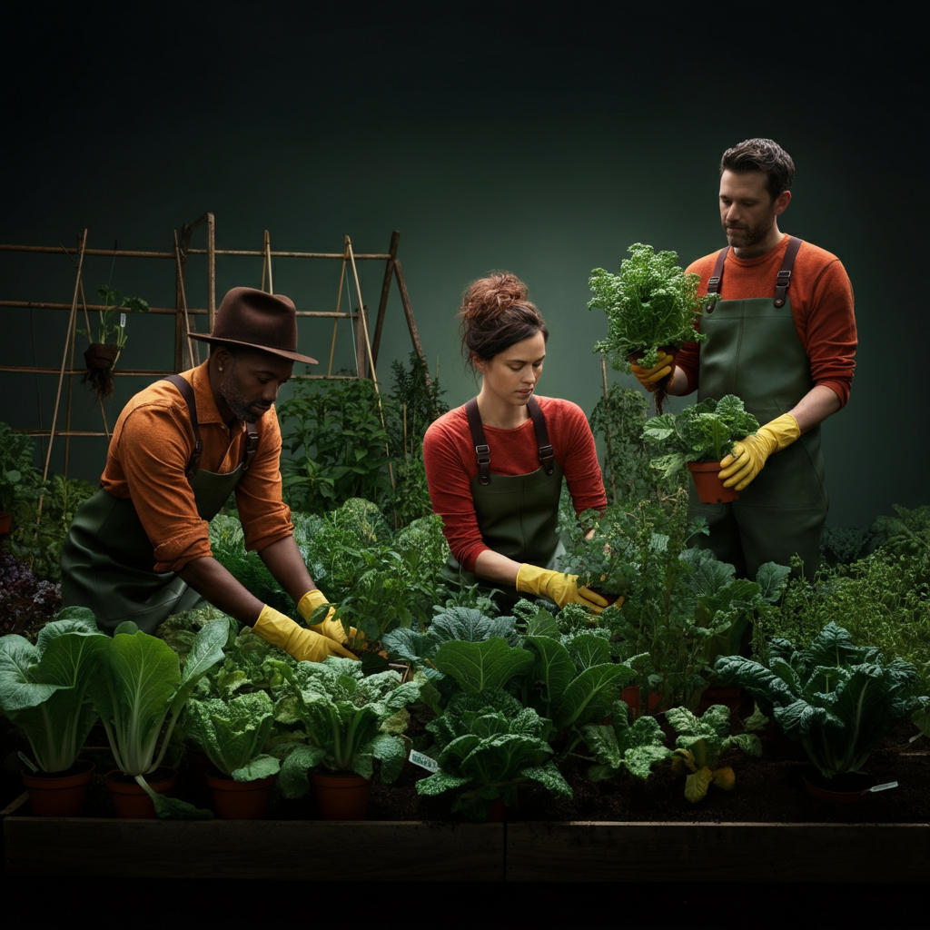 A community garden bursting with vibrant colors and textures. Several figures, dressed in practical clothing, are tending to plants, their faces reflecting focused effort and satisfaction. Soft bokeh creates a sense of depth.