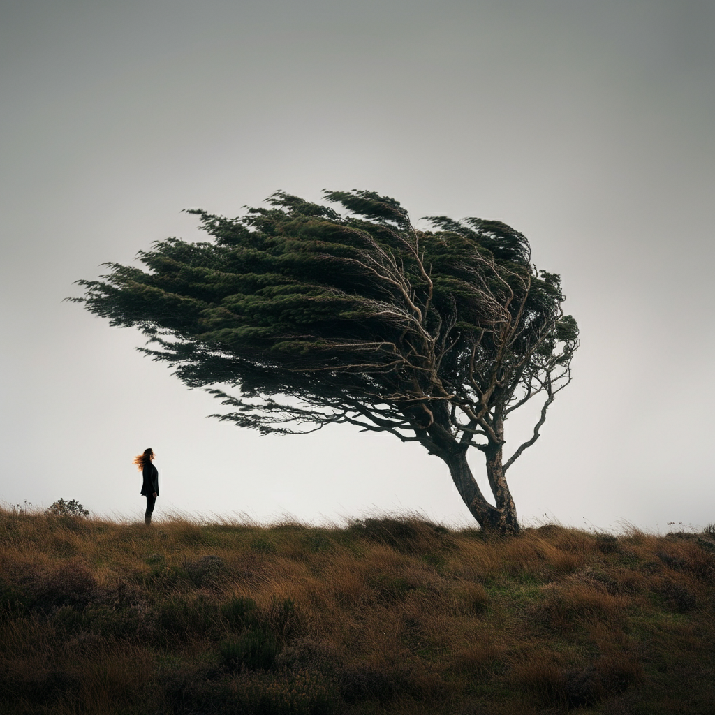 A solitary tree standing on a windswept hilltop, its branches swaying gracefully in the breeze. The sky is a soft, diffused gray, emphasizing the tree's resilient texture.