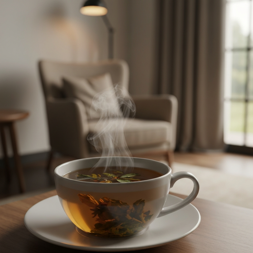 A close-up shot of a steaming cup of herbal tea, with a soft-focus background showing a comfortable armchair and a warm, inviting light.