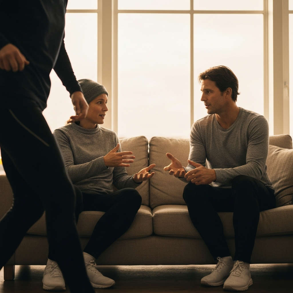 Two people sitting comfortably on a couch, engaged in a heartfelt conversation. The lighting is soft and warm, creating an atmosphere of trust and intimacy.
