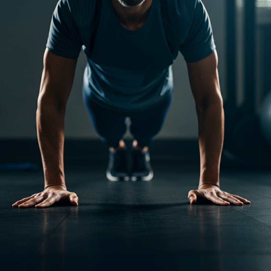 Close-up shot of hands performing a perfect push-up, emphasizing the engagement of core muscles. Soft, diffused light from a window creates a clean background.