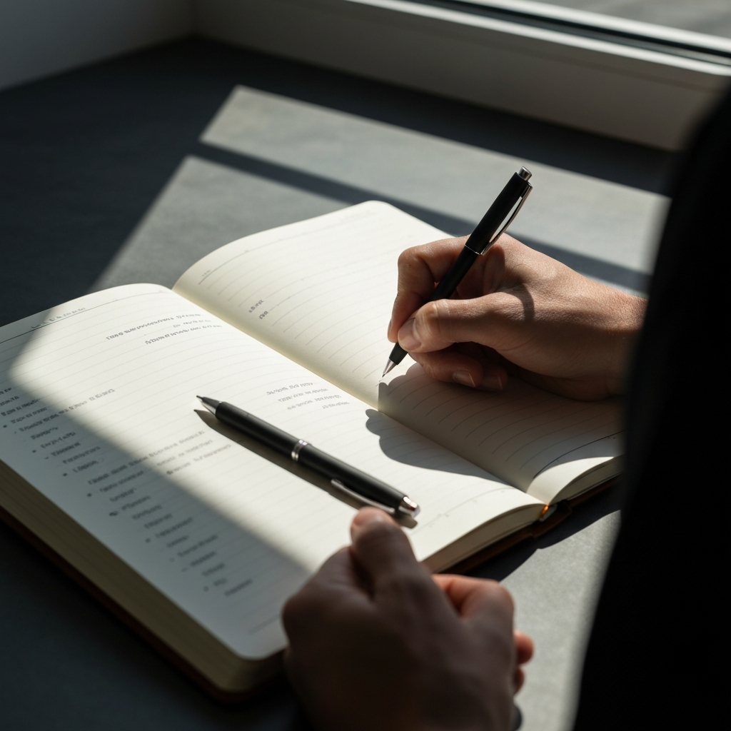A person writing in a workout journal, detailing their sets and reps. The journal is leather-bound and has a pen resting on it. Sunlight streams in through a window, illuminating the page.
