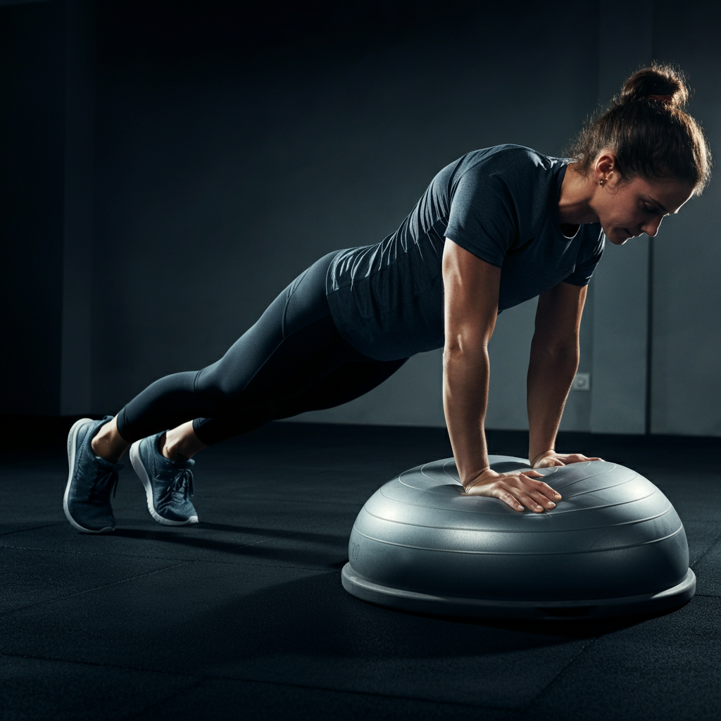 A person performing a plank on a BOSU ball. The person's body is in a straight line from head to heels, and their core is engaged. The background is a blurred gym environment.