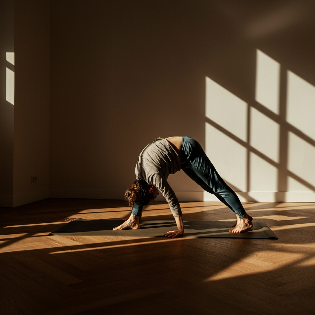 A person doing a yoga pose on a mat in a sunlit studio. The person is wearing comfortable athletic clothing, and the background is clean and minimalist.