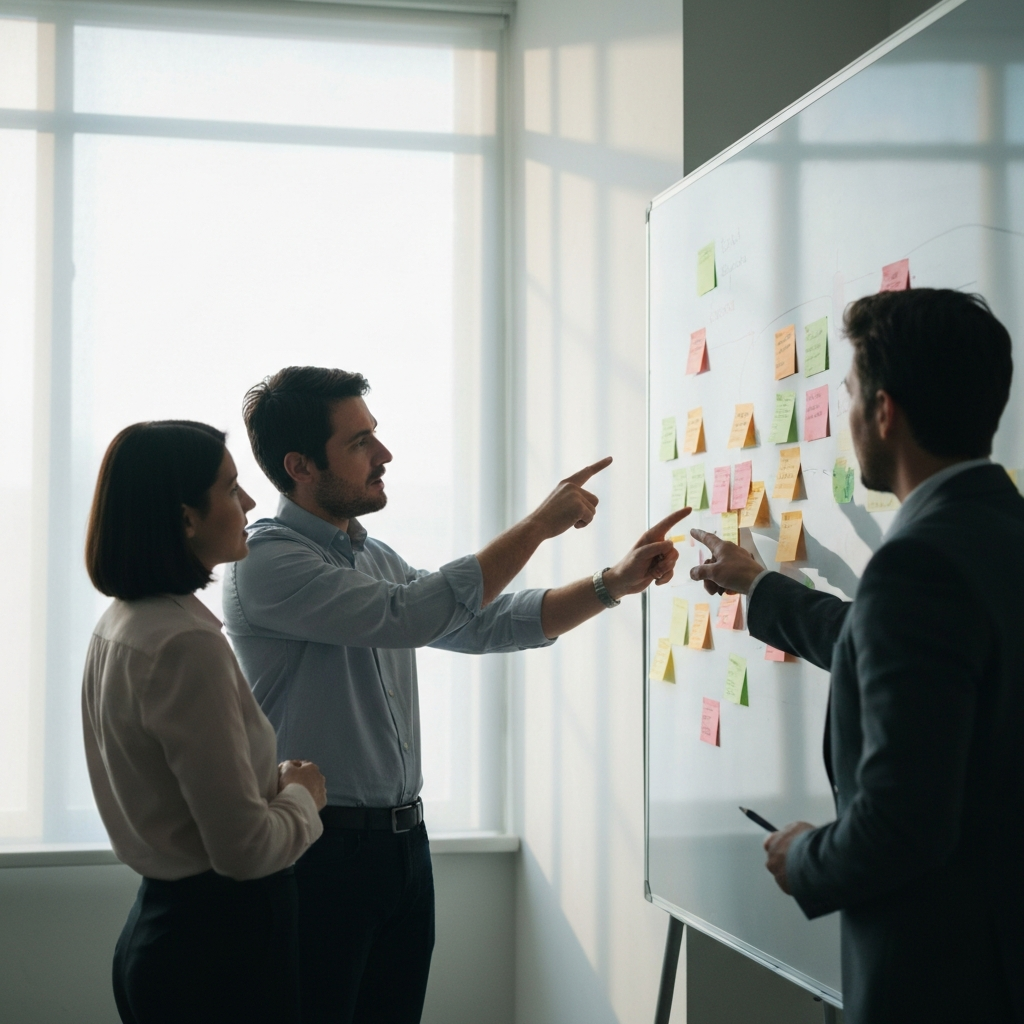 A well-lit office with a whiteboard covered in sticky notes and mind maps. Two professionals, dressed in business casual attire, are collaborating, pointing at the whiteboard. Soft, diffused light filters through a window behind them.