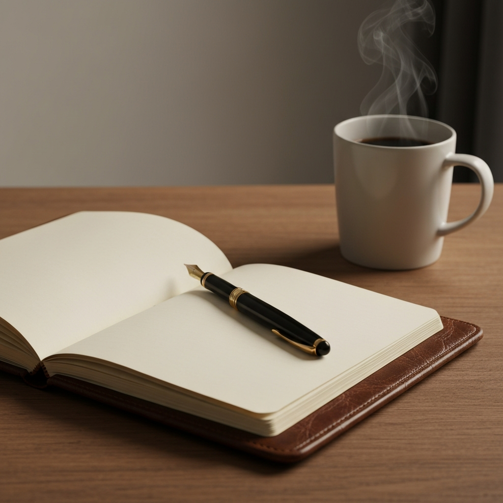 Close-up shot of a worn leather notebook lying open on a wooden desk. A fountain pen rests on the open page, beside a steaming mug of coffee. The lighting is warm and inviting, accentuating the texture of the paper and leather.
