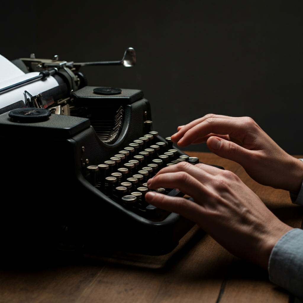 A close-up of a person's hands typing on a vintage typewriter. The keys are slightly worn, and the lighting is soft and diffused, highlighting the texture of the keys and paper. The background is blurred, creating a sense of focus.