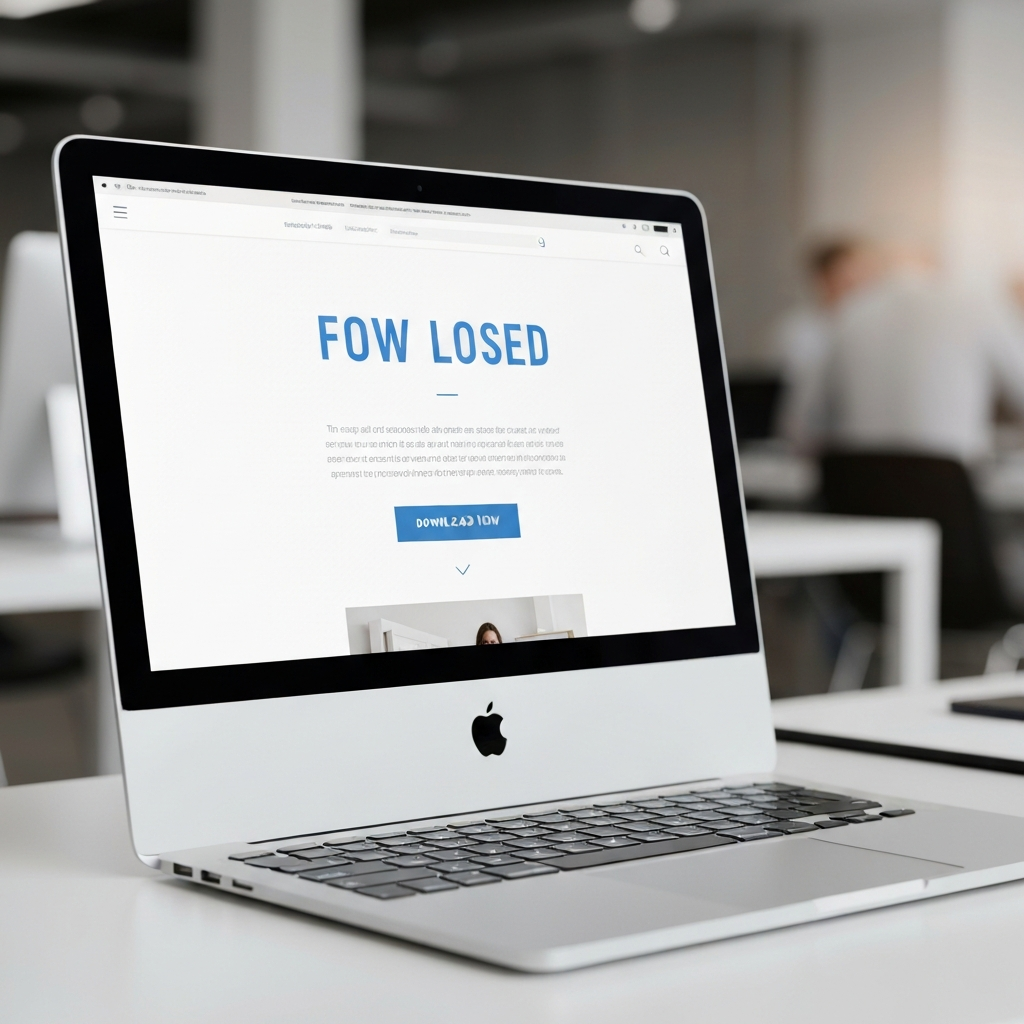 A computer screen displaying a landing page with a prominent call-to-action button that says "Download Now!" The page is clean and professional, with a clear and concise message. The lighting is bright and inviting.