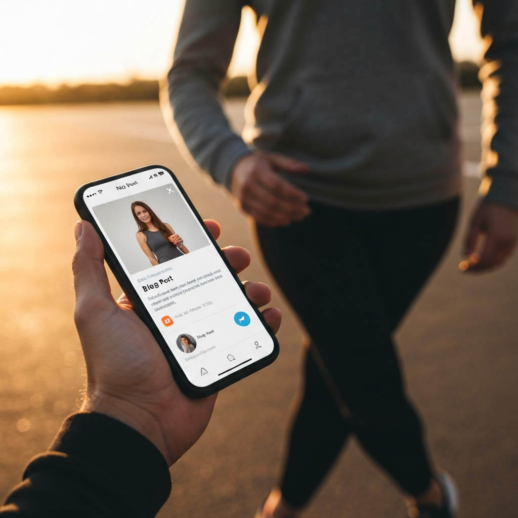 A person using a smartphone to share a blog post on social media. The screen shows a popular social media platform with the blog post link and a brief description. The person's hand is blurred, creating a sense of action.