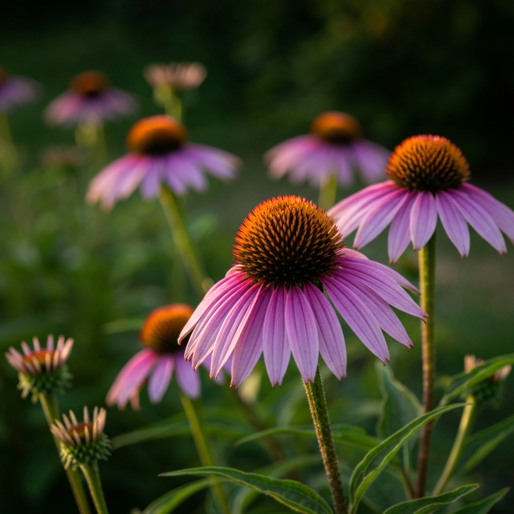 A close-up shot of vibrant purple coneflowers in full bloom, side-lit with late afternoon sun, showcasing the texture of the petals. Soft bokeh in the background reveals other flowering plants.