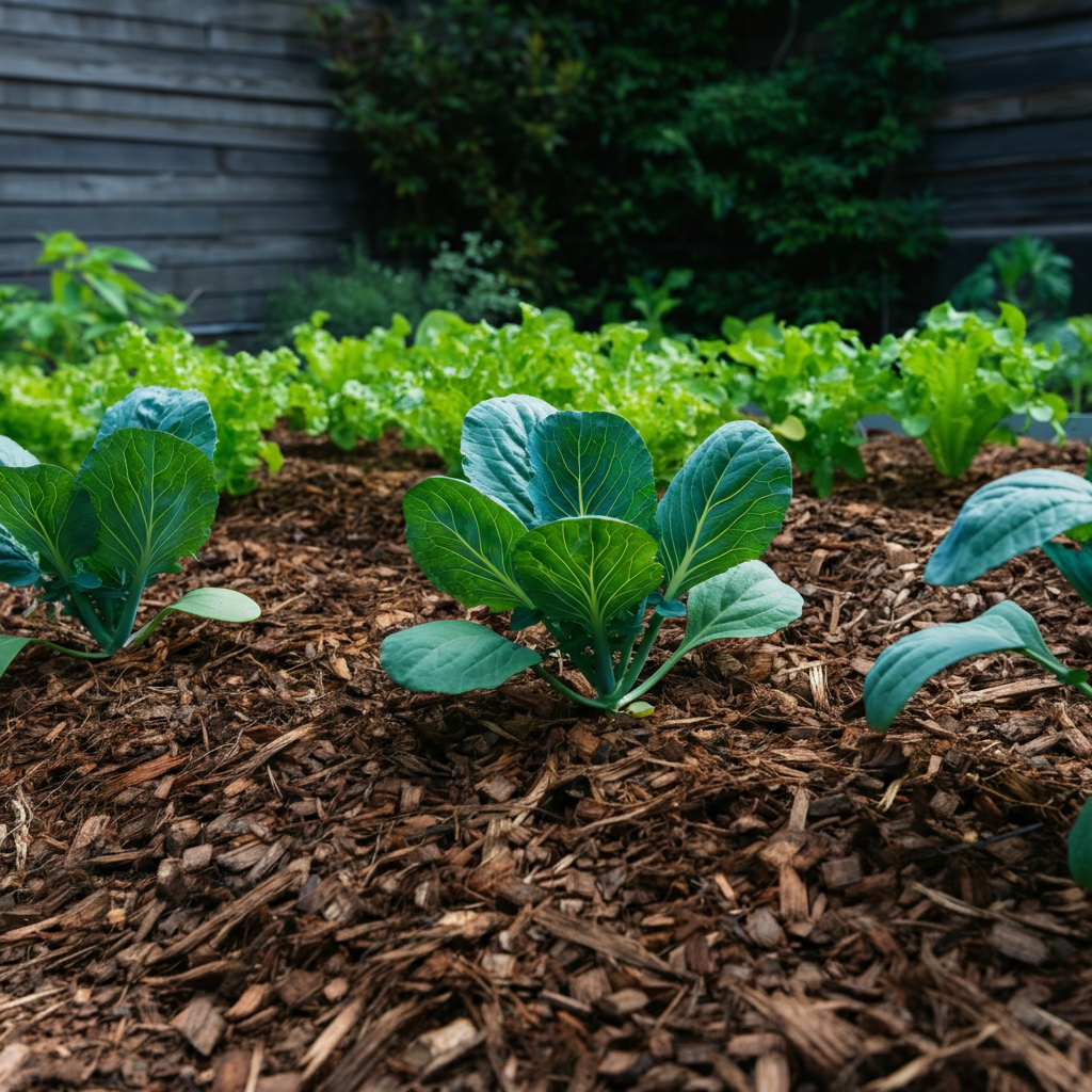 A gardening bed filled with lush green vegetable plants. The soil is covered in a thick layer of dark brown wood chip mulch. The scene is shot with natural light, highlighting the texture of the wood chips and the vibrancy of the plants.