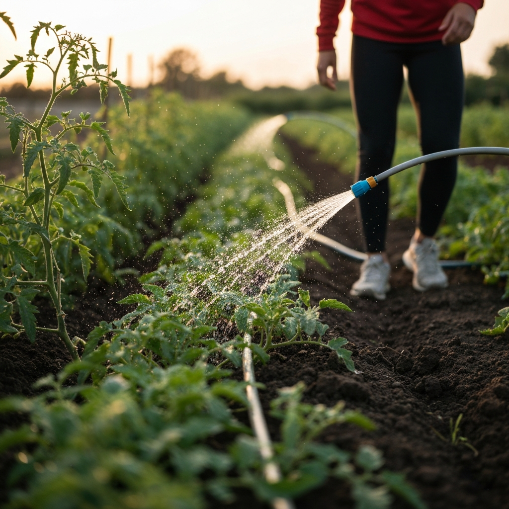 A close-up shot of a soaker hose snaking through a vegetable garden, delivering water to rows of tomato plants. The light is soft and diffused, showcasing the even distribution of water droplets.