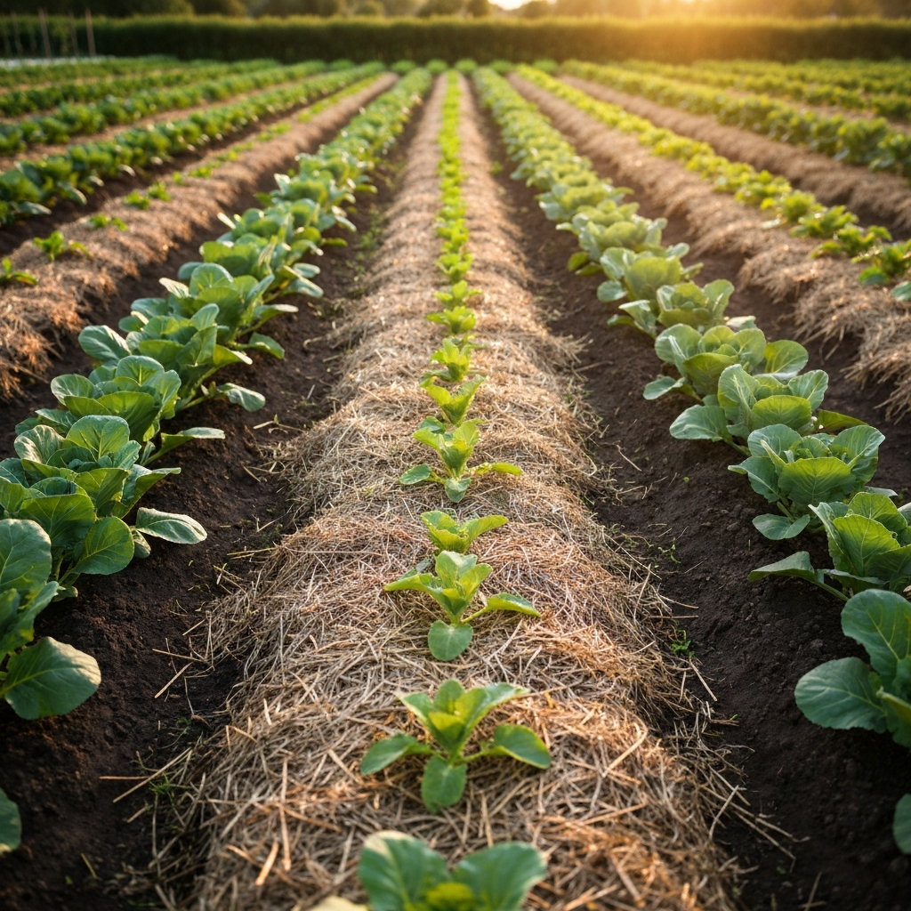 A wide shot of a thriving no-till garden. Rows of vegetables are planted directly into the soil, with a thick layer of straw mulch covering the ground. The scene is bathed in golden hour light, creating a warm and inviting atmosphere.
