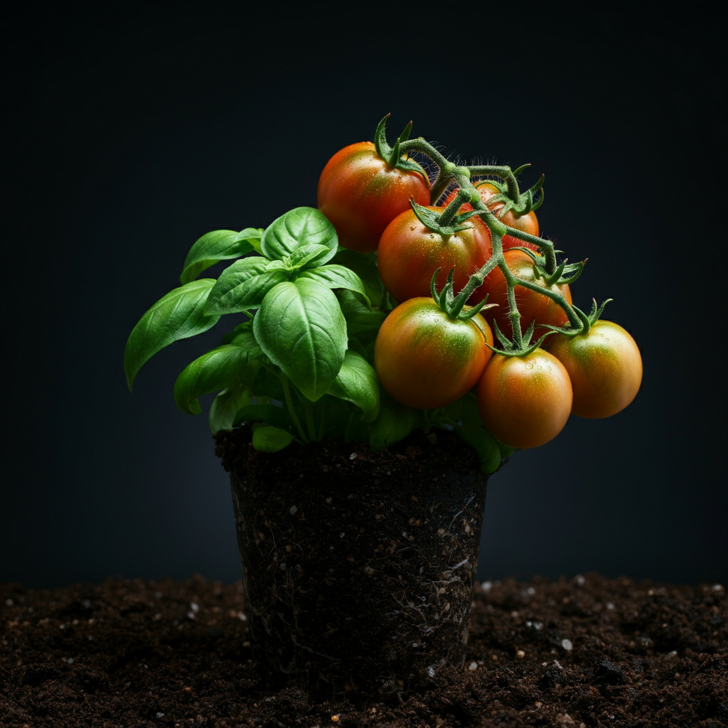 A close-up shot of a tomato plant with basil planted at its base. The focus is on the contrasting textures and colors of the two plants. The lighting is soft and natural, highlighting the vibrancy of the foliage.