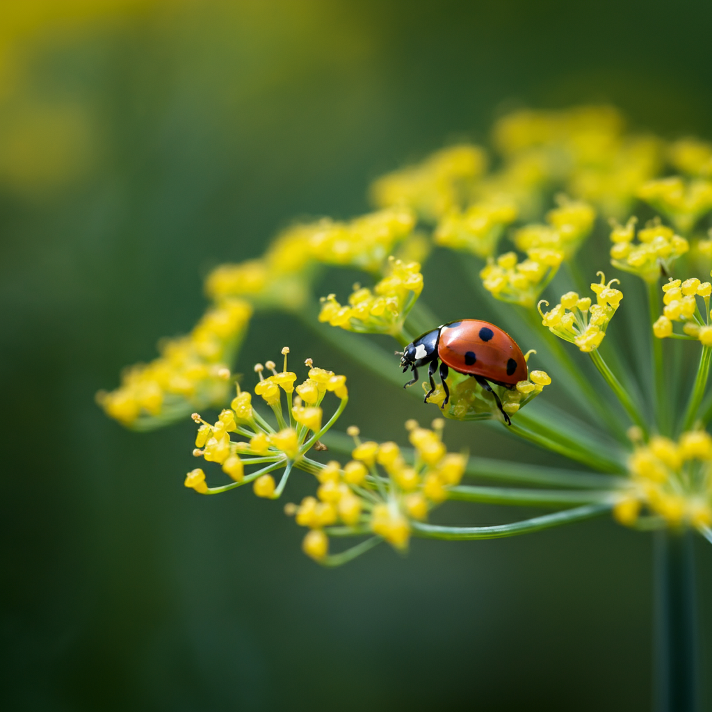 A ladybug perched on a dill flower, with a garden in soft focus in the background. The shot is tightly framed, highlighting the details of the ladybug and the flower. The light is bright and natural.